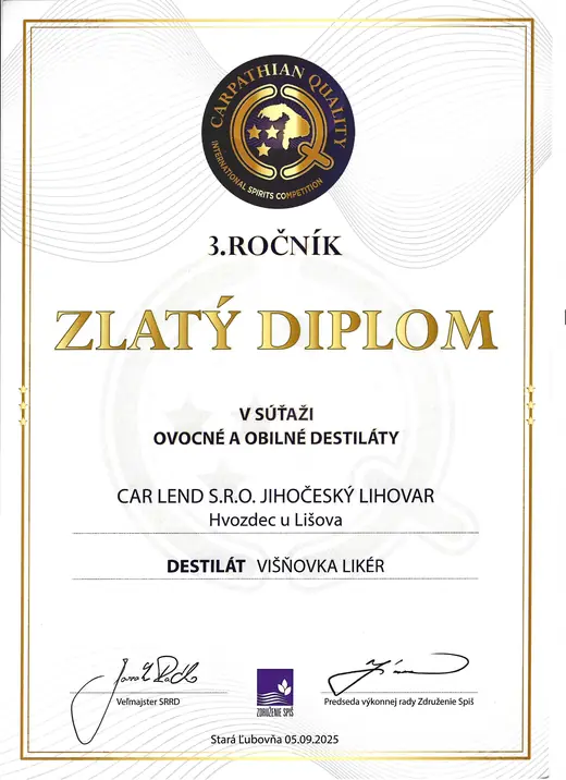 Diplom: Višňový likér — zlatý diplom, Carpathian Quality 2025